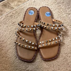 Tan studded slip on sandals. Size 6.5